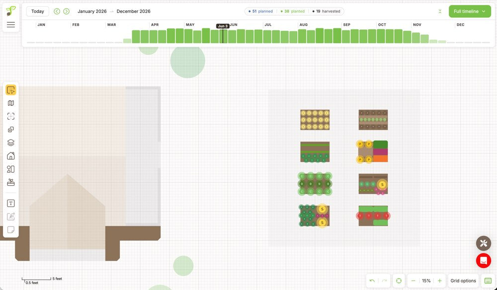 The Seedtime layout planner showing a whole property: the house footprint, paths and eight planted beds, with a January to December timeline across the top